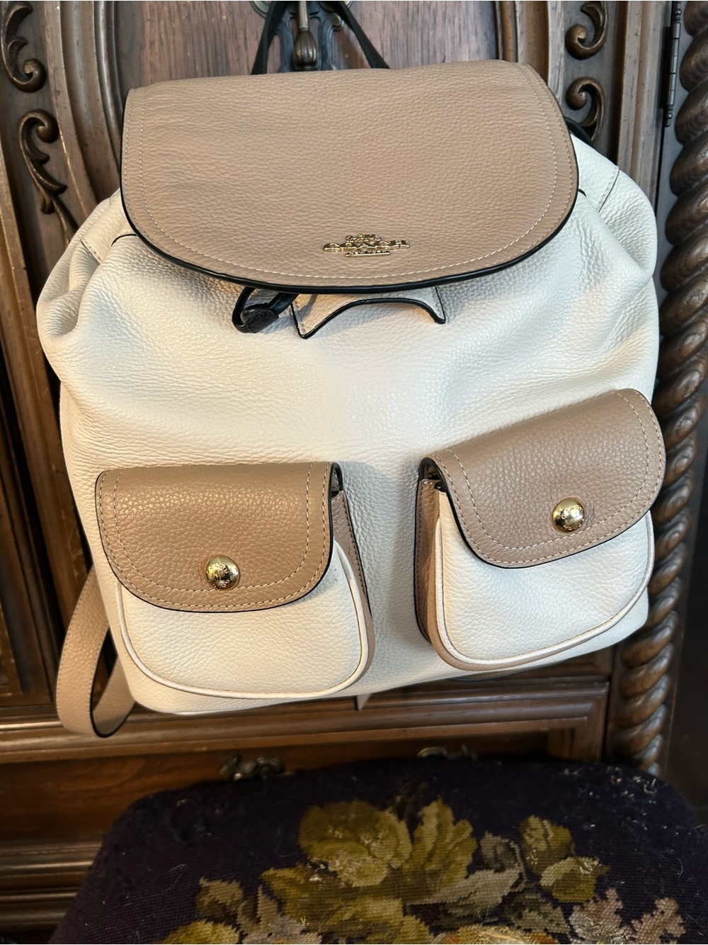 NWOT Coach Pennie Two-Tone Tan & Cream Pebbled Leather Backpack - Picture 11 of 12